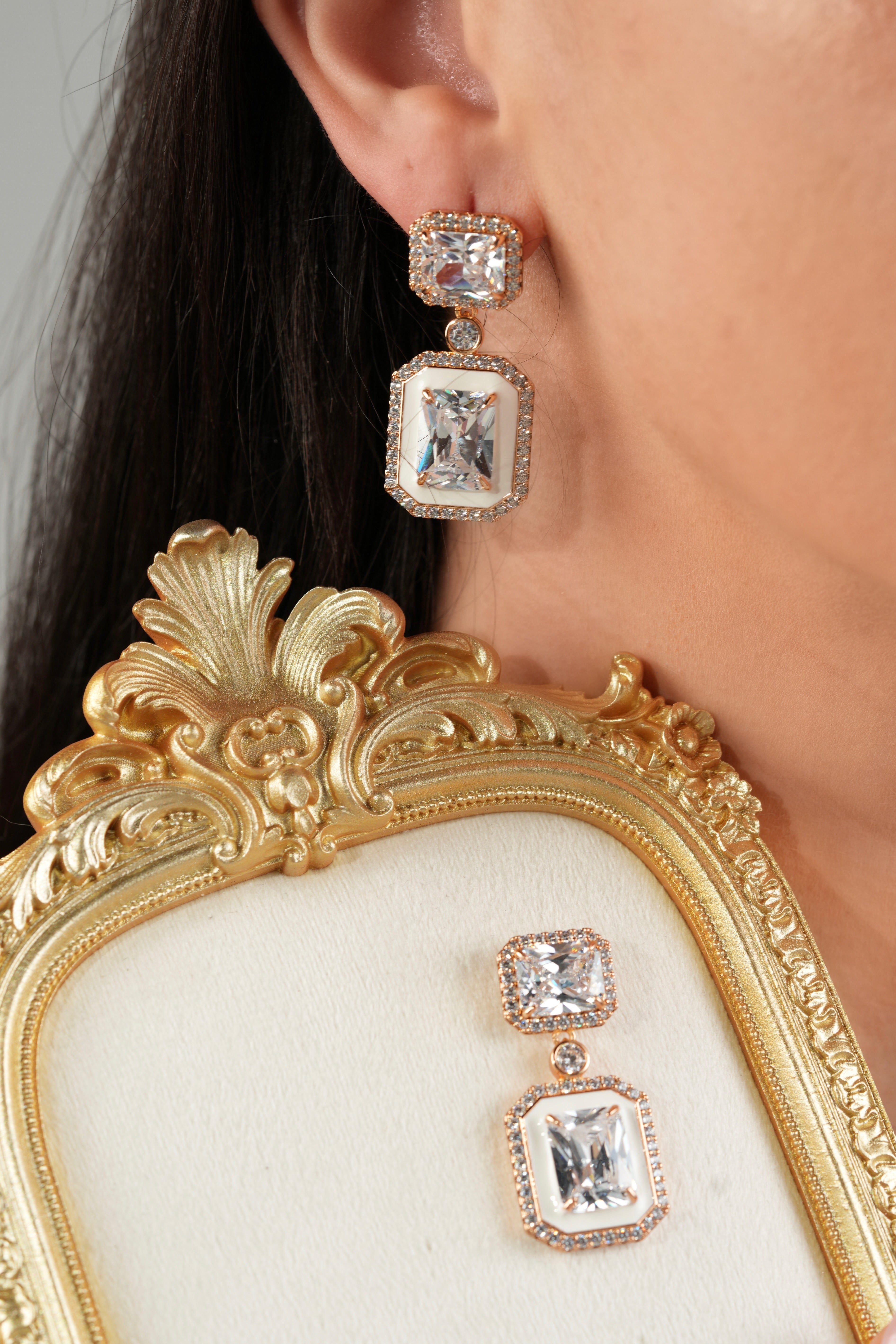 White crystal block earrings