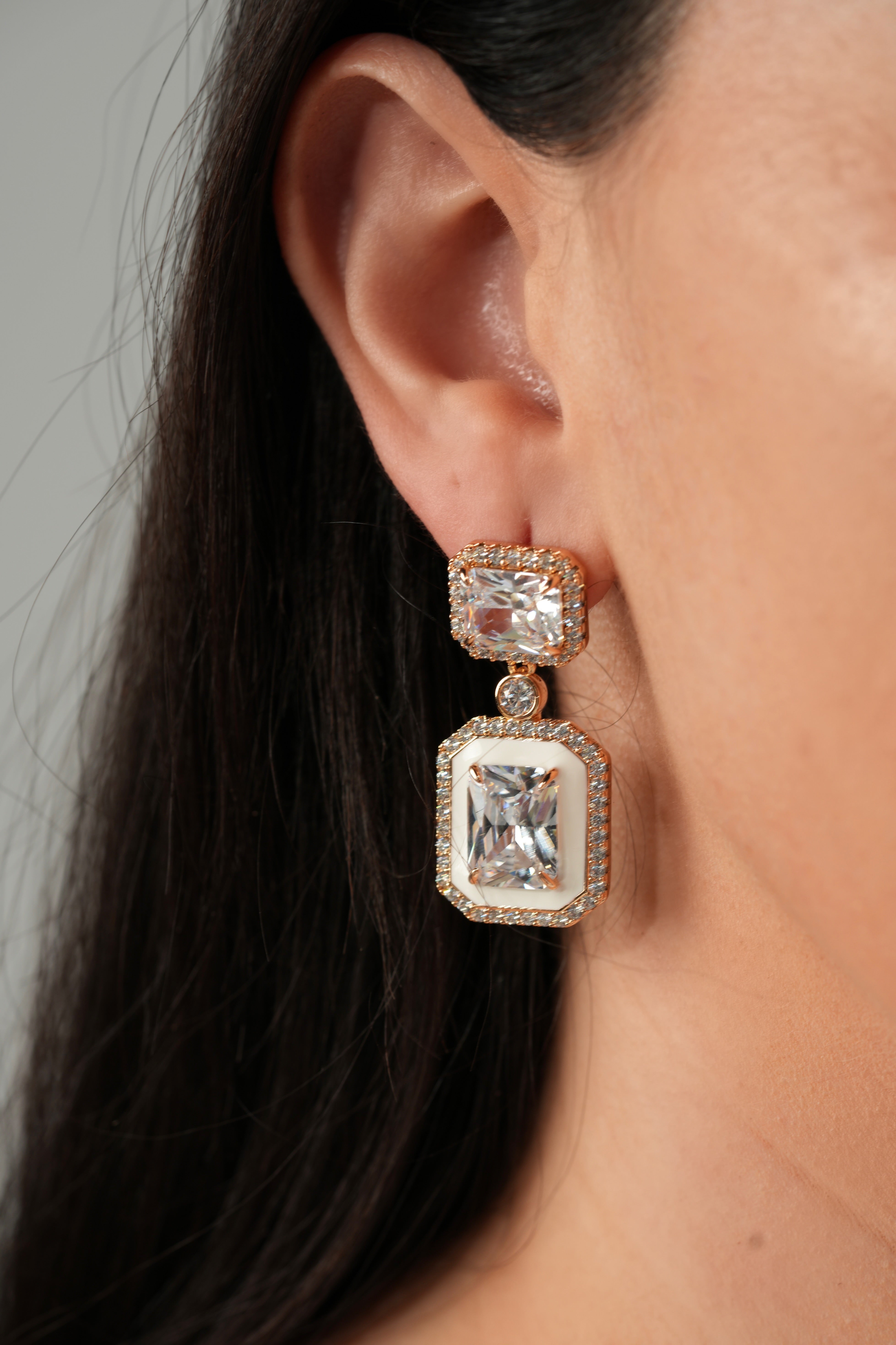 White crystal block earrings