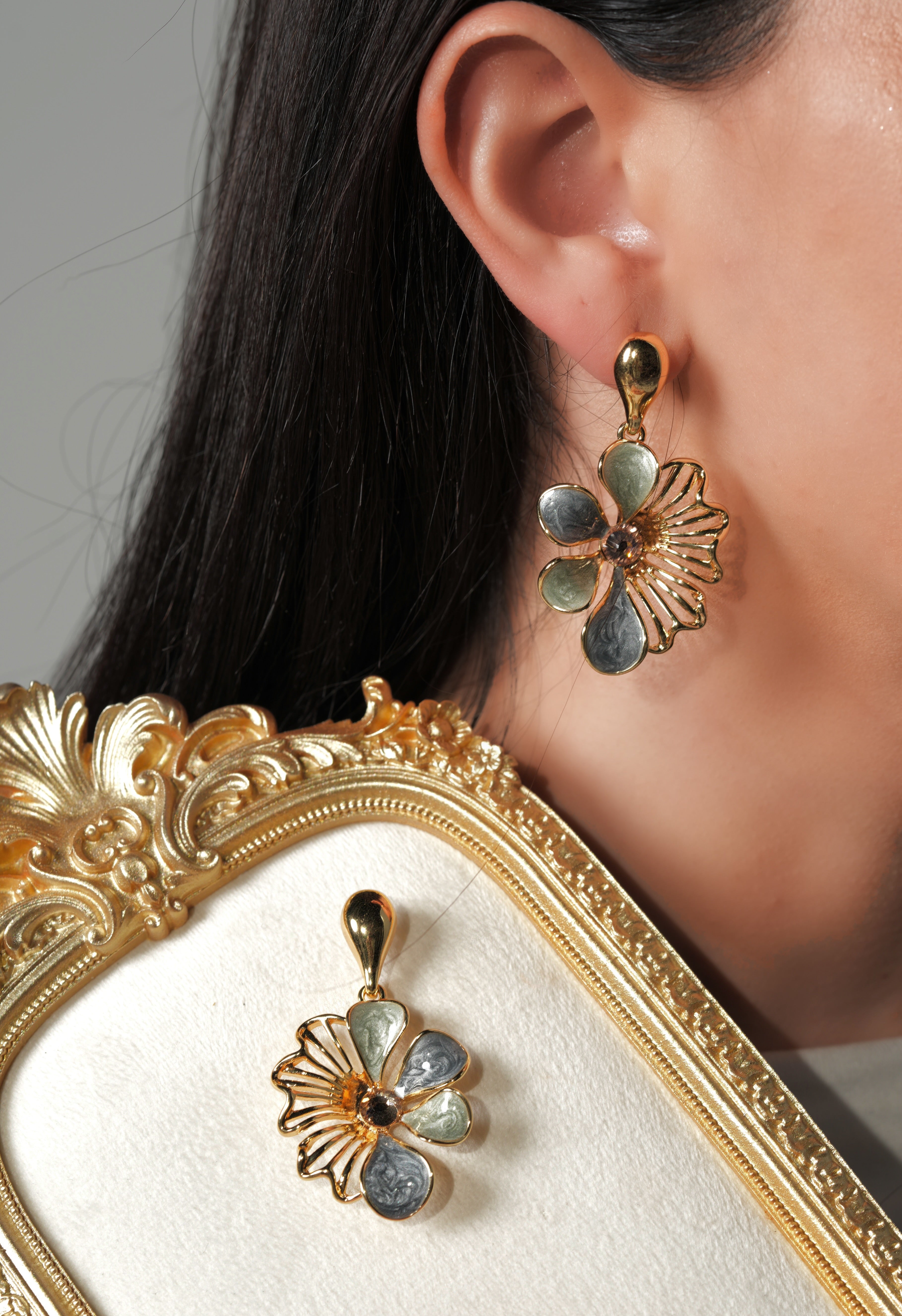 Half colored flower earrings